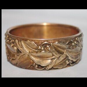 Vintage Antique Unique Brass Leaf Relief Clamper Bangle Bracelet